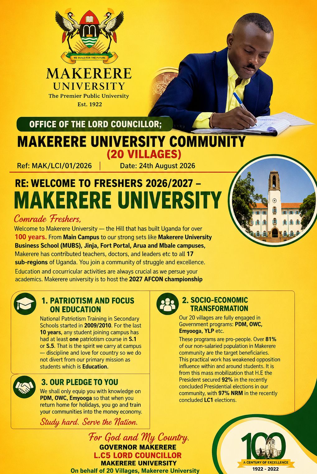 Makerere Lord Councillor DPC  Welcomes 2026/2027 Freshers, Calls for Patriotism and Academic Focus